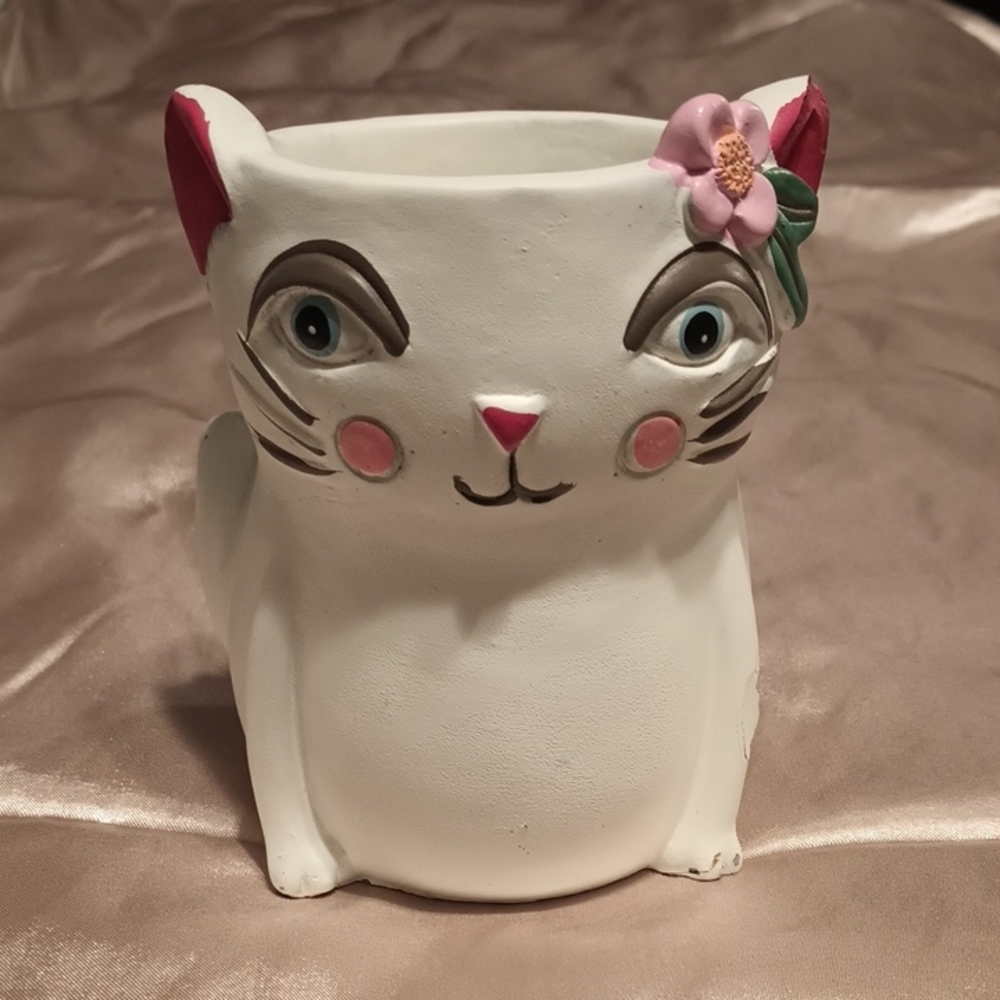 Charming White Cat Planter with Pink Accents